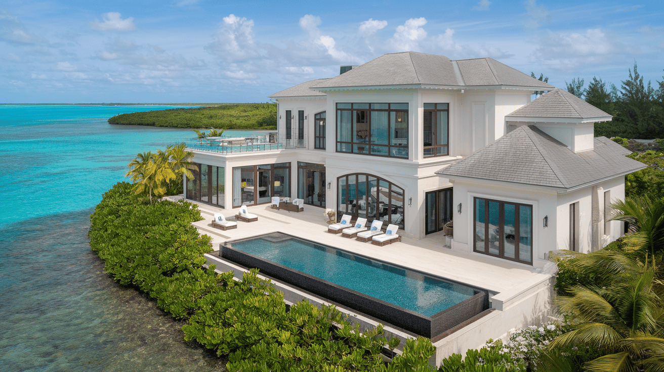 A bright beachfront villa in the Bahamas with a shaded patio, palm trees, and shallow turquoise water stretching into the distance