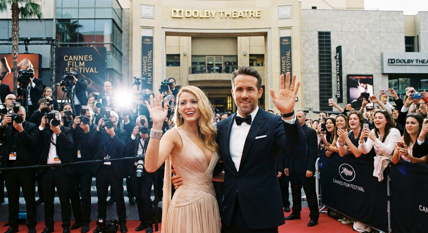 A celebrity couple arriving on a red carpet while photographers take pictures