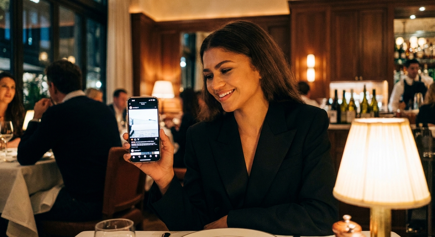 A celebrity holding a phone while posting to social media during an evening out, with soft lighting and a restaurant-like background