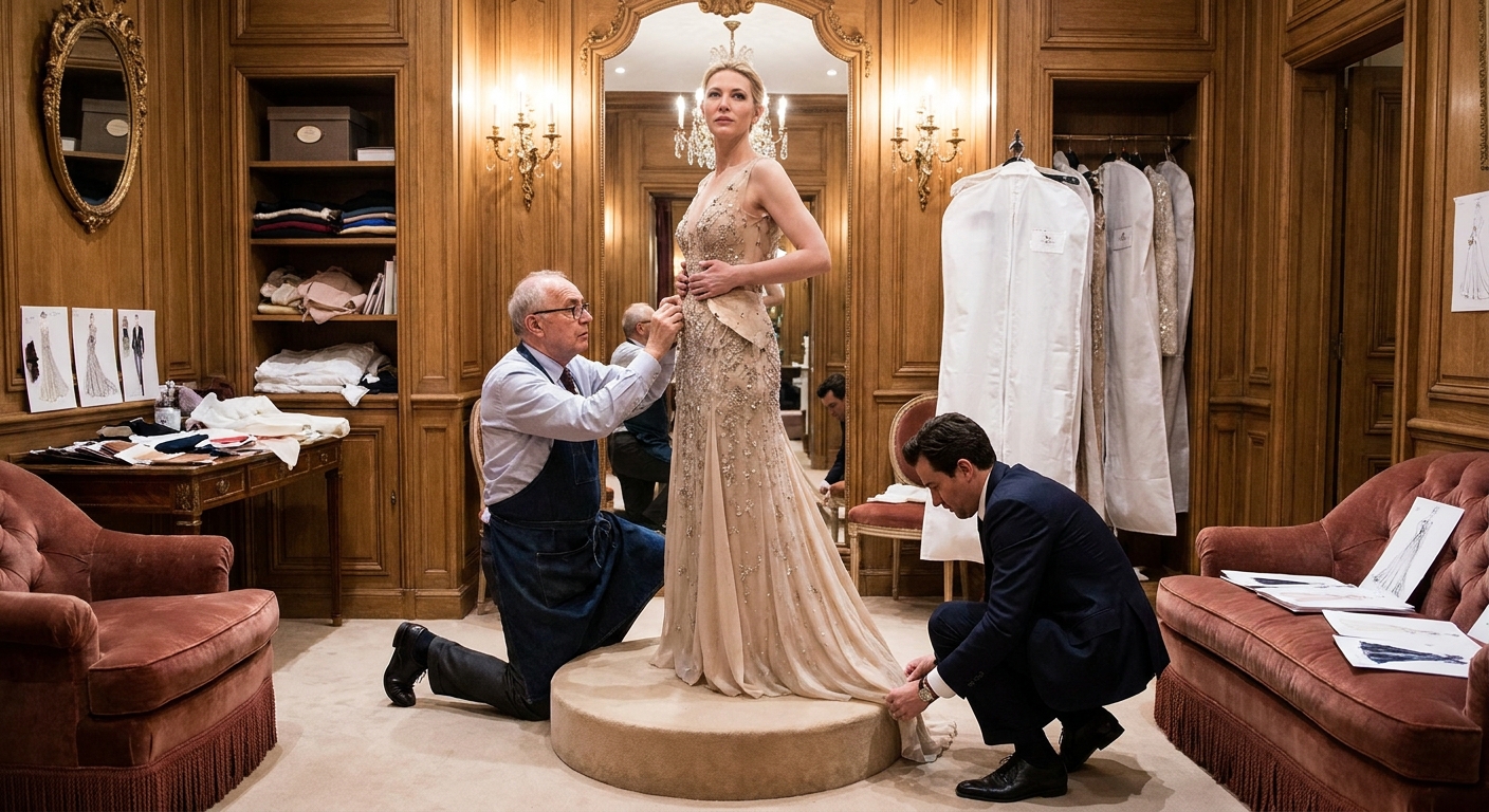 A celebrity stands on a fitting platform while a tailor pins the waist of a couture gown and a stylist checks the hem in a luxury dressing room.