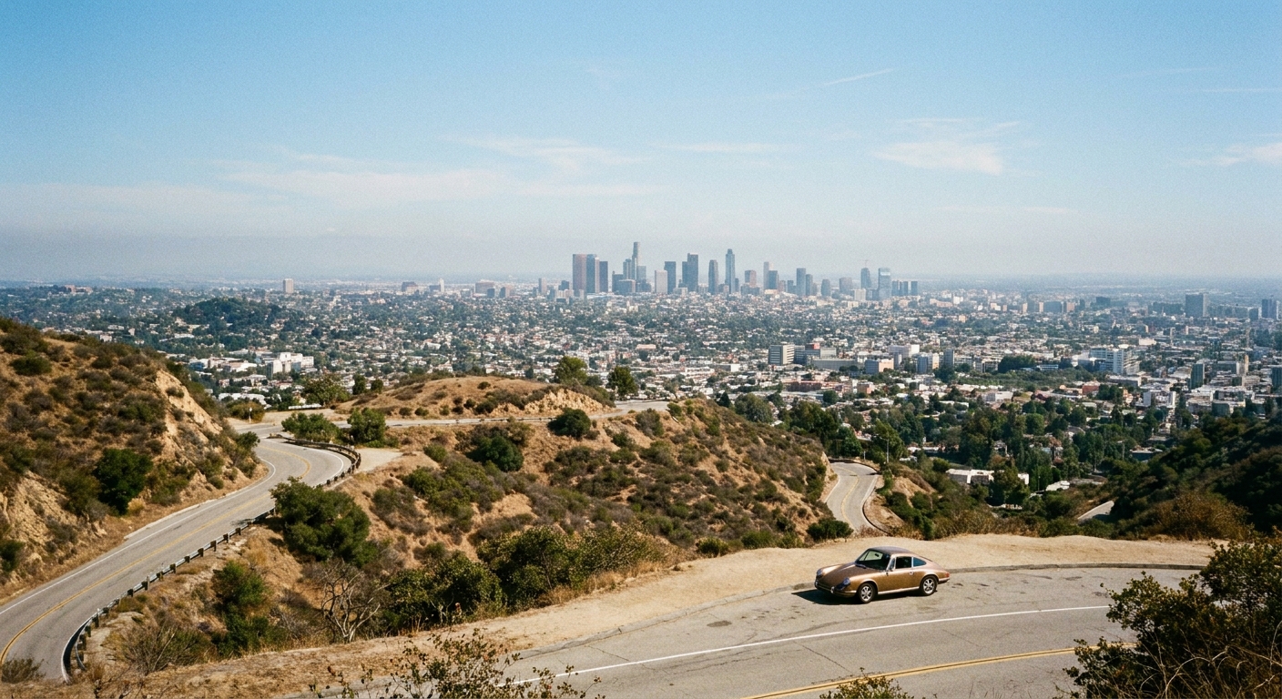 A clear afternoon photograph from a Mulholland Drive overlook showing the Los Angeles skyline in the distance and hills in the foreground