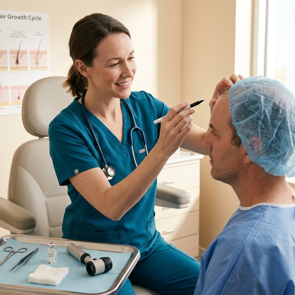 A clinician prepares a patient in a medical setting for a hair restoration procedure, with tools arranged nearby