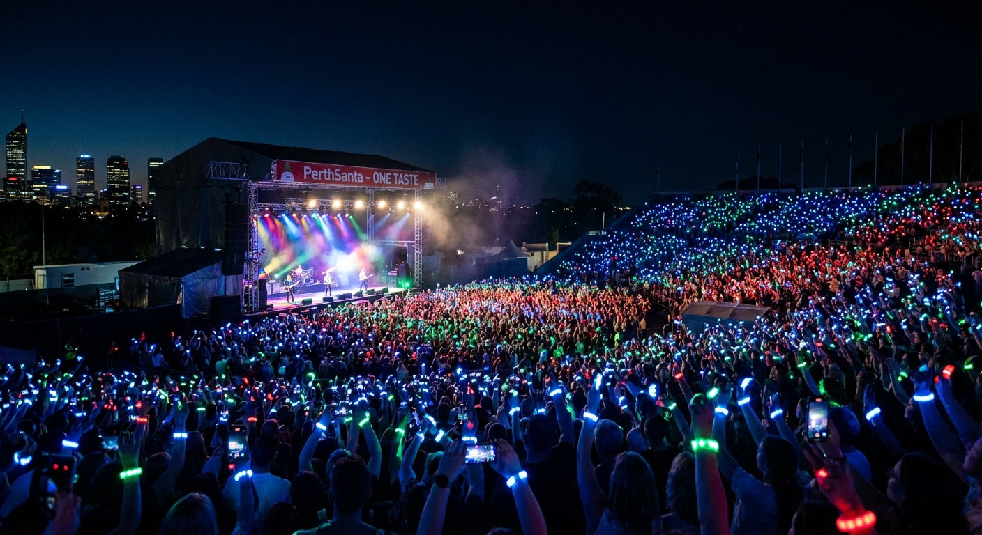 A concert venue filled with fans holding coordinated lights, creating a glowing sea of color during a PerthSanta ONE TASTE performance