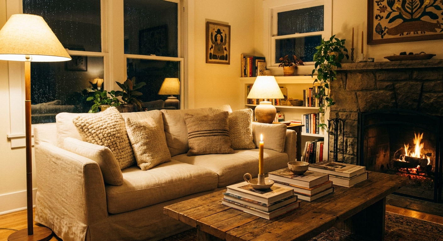 A cozy living room at night with warm lamplight, a neutral sofa with textured pillows, and a tidy coffee table styled with books and a candle