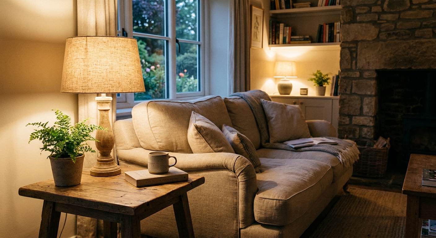 A cozy living room corner with a table lamp featuring a linen shade, a small side table, and a neutral sofa, lit with warm evening light