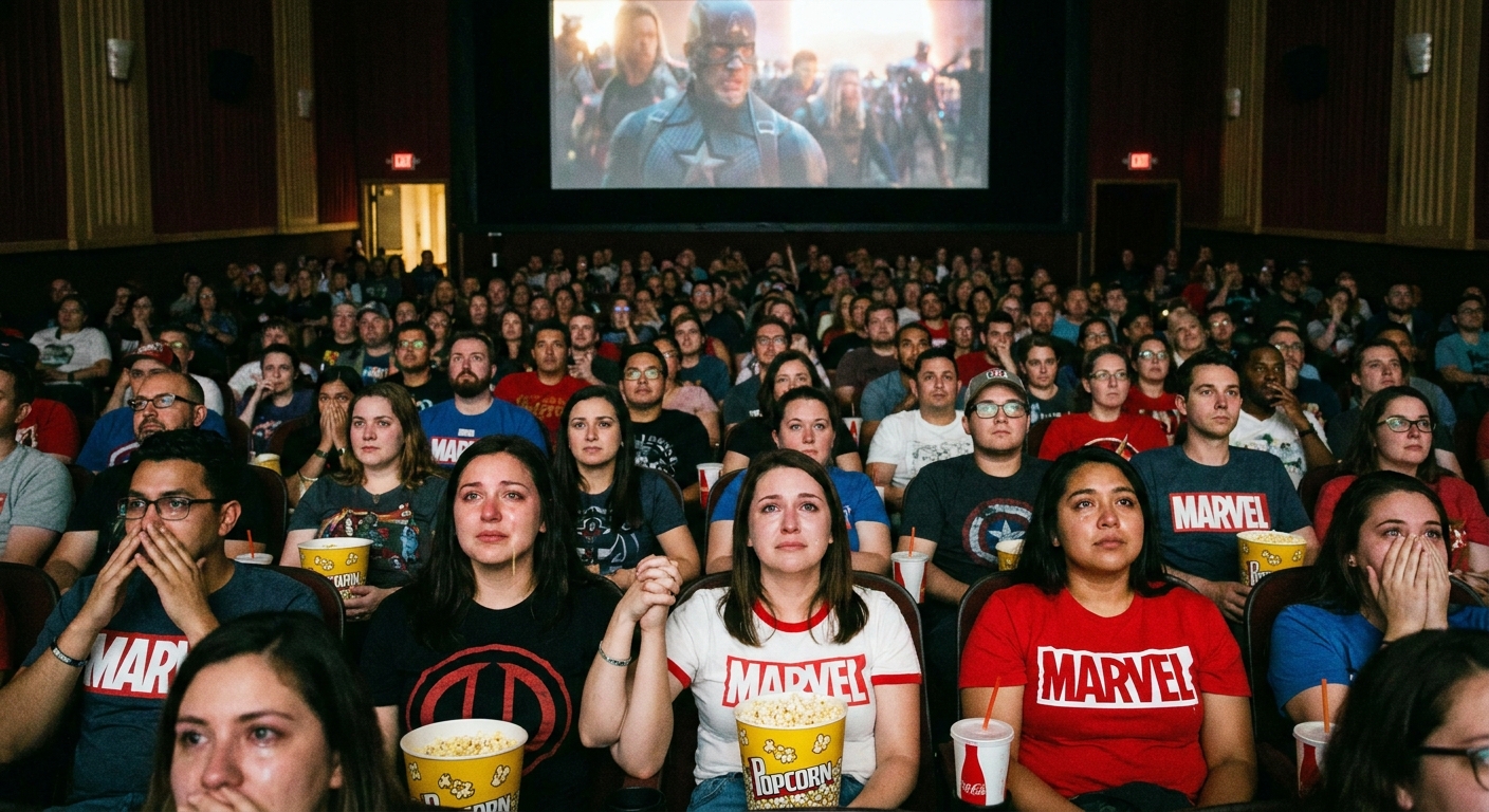A crowded movie theater audience watching Avengers: Endgame in 2019, faces lit by the screen during an emotional scene