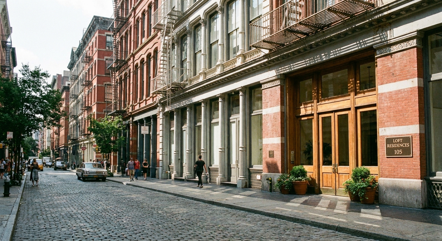 A daytime photograph of a Tribeca cobblestone street lined with cast-iron buildings and a loft-style residential entrance