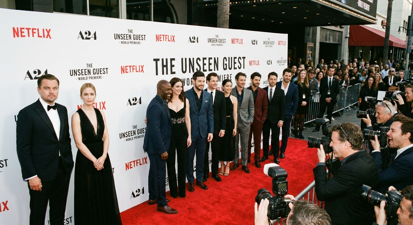 A film premiere cast posing on a step-and-repeat while two cast members stand apart with neutral expressions as photographers capture the lineup.