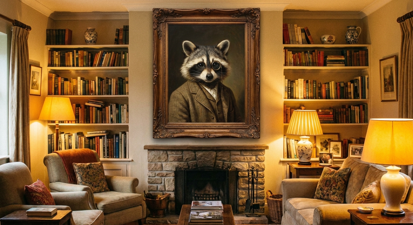 A framed portrait-style painting of a raccoon displayed in a cozy living room, photographed straight on with warm indoor lighting