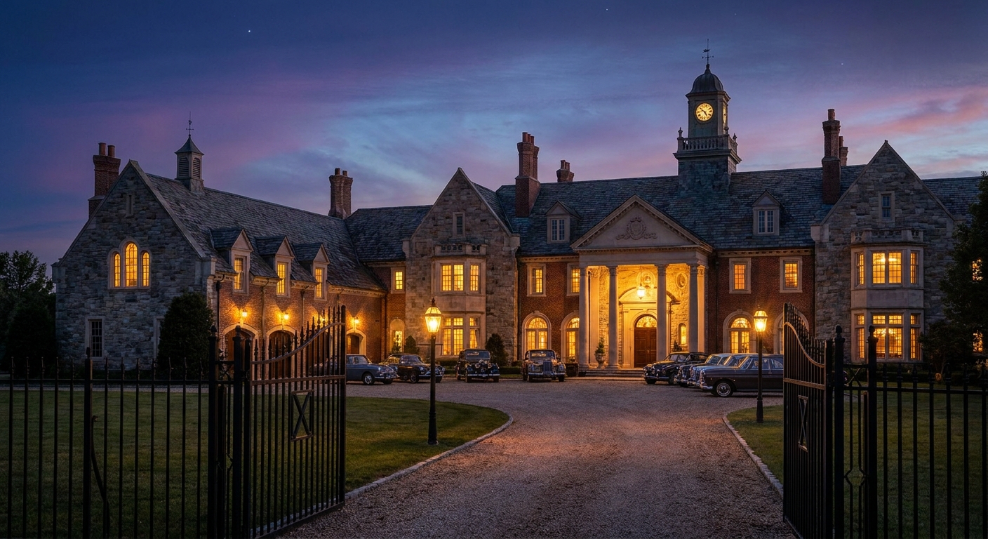 A grand mansion exterior at dusk evoking the X-Mansion, with cinematic lighting and a driveway leading up to the main entrance
