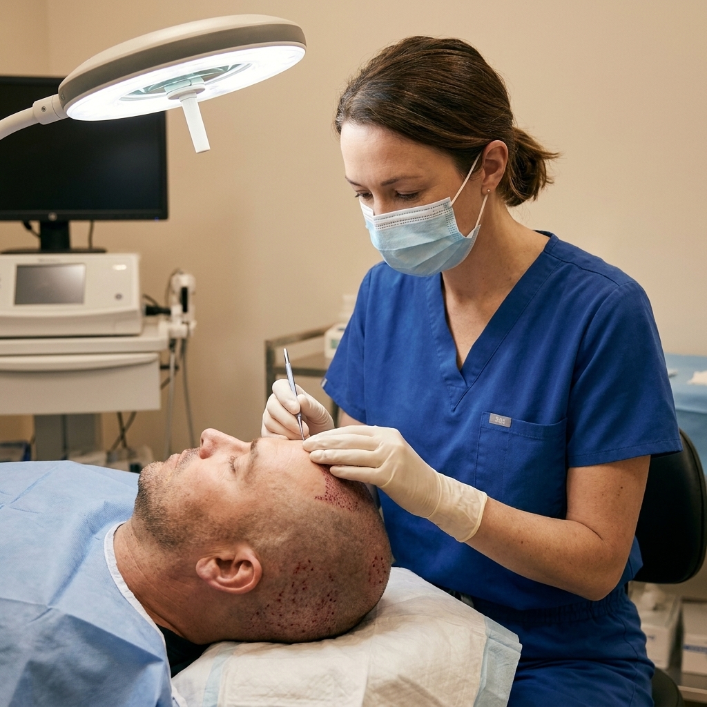 A hair restoration specialist wearing gloves works carefully on a patient's scalp during an FUE procedure in a clinical room
