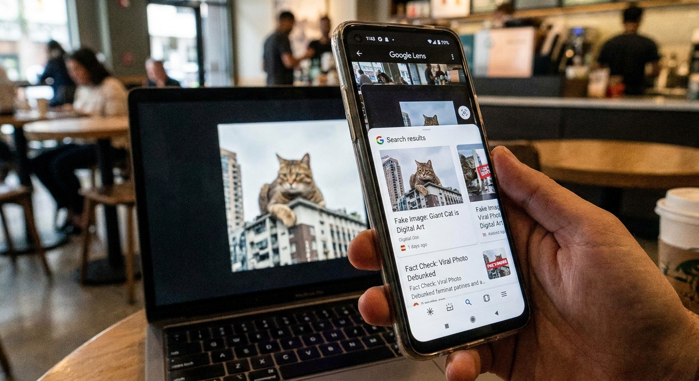 A hand using Google Lens on a smartphone to verify a viral social media photo, with search results visible on the screen, news photography style