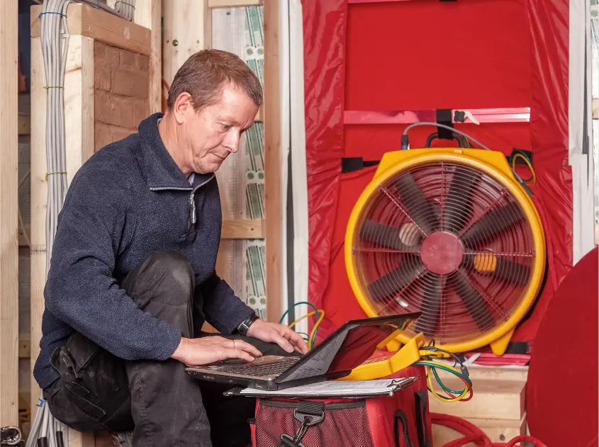 A home energy auditor using diagnostic equipment near a front door to test air leaks, photographed indoors with natural light