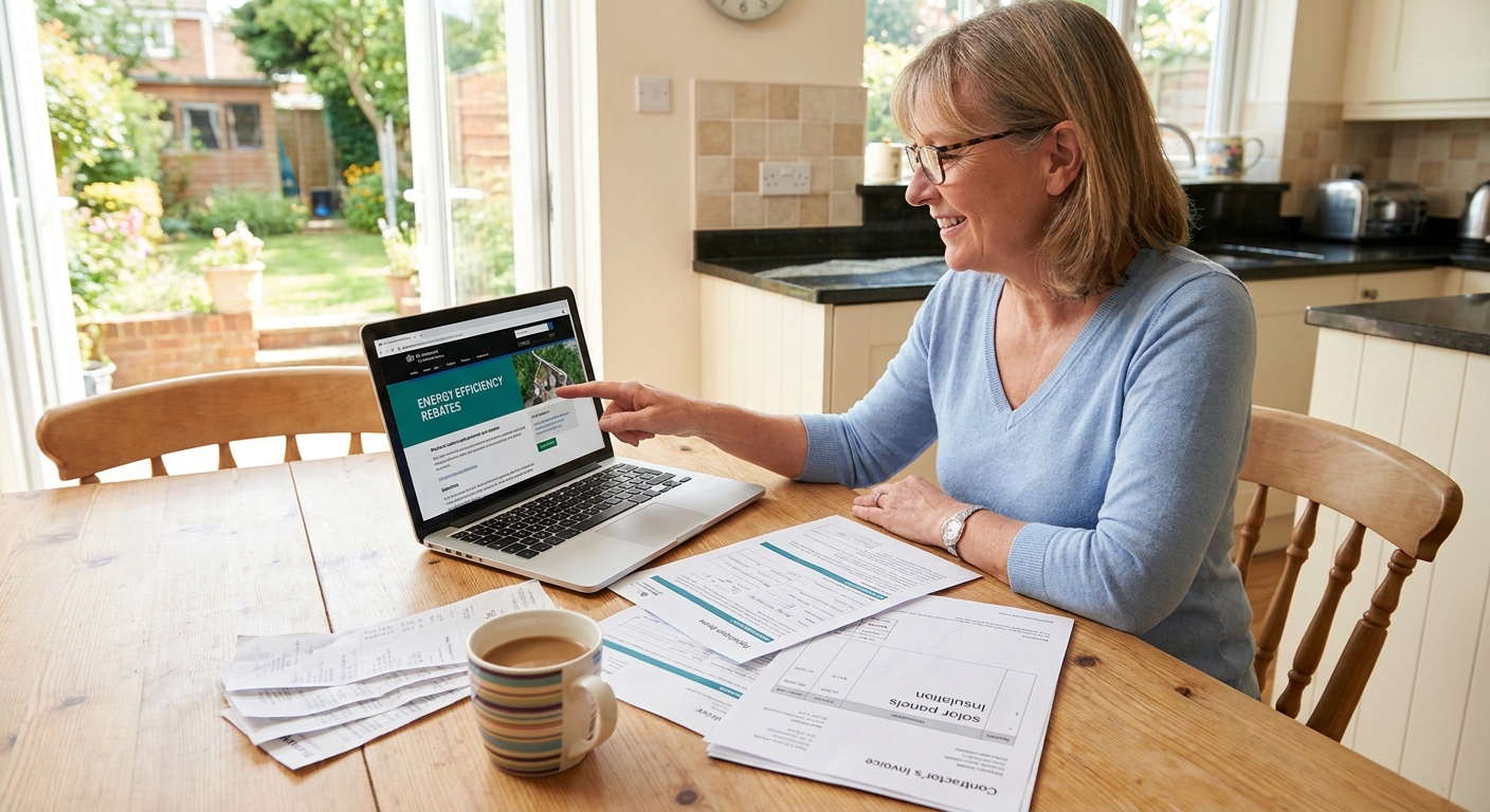 A homeowner reviewing a rebate or incentive program on a laptop, with home improvement paperwork on a table
