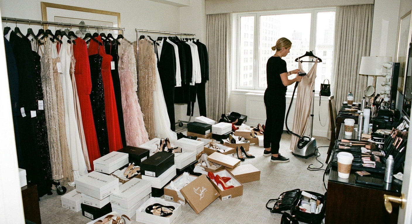 A hotel suite set up for red carpet prep with garment racks of gowns, shoe boxes on the floor, and a stylist steaming fabric near a window.