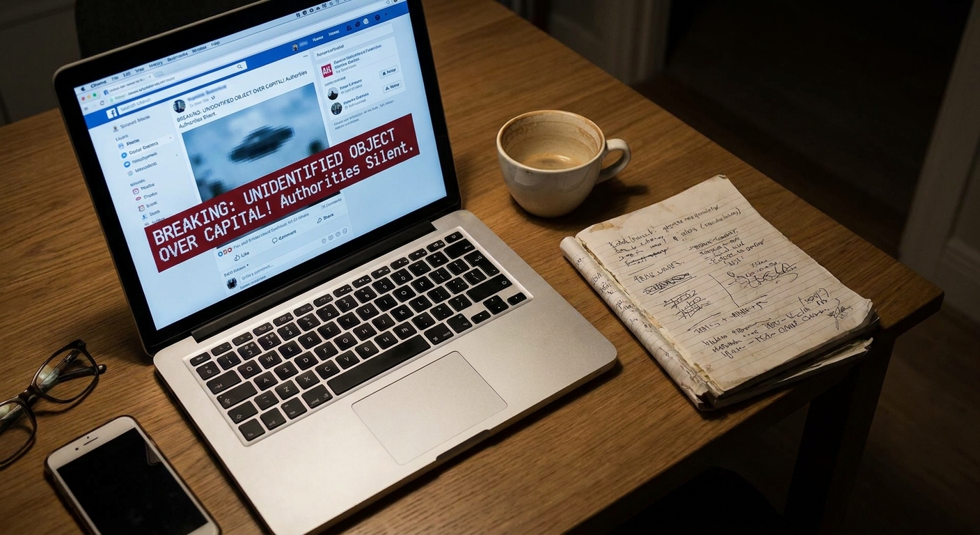 A laptop screen showing a suspicious breaking news post on social media next to a notebook and coffee cup on a desk, news photography style