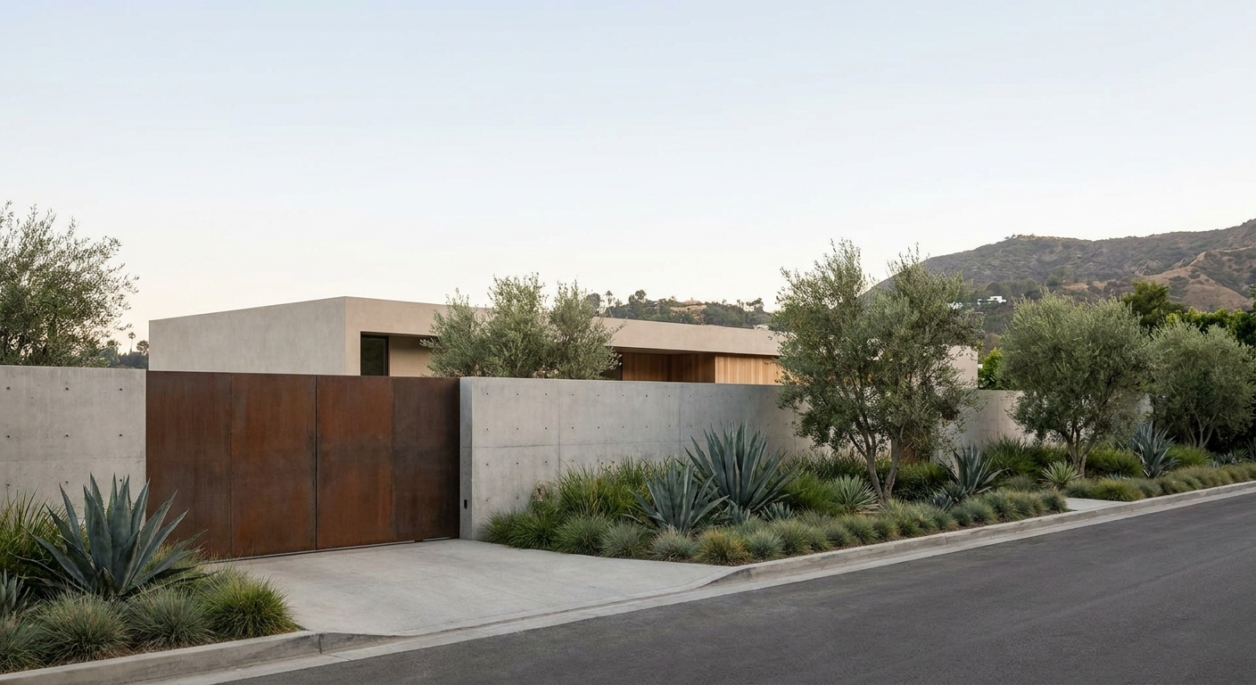 A minimalist Los Angeles-area estate exterior with tall gates, manicured landscaping, and neutral-toned architecture emphasizing privacy