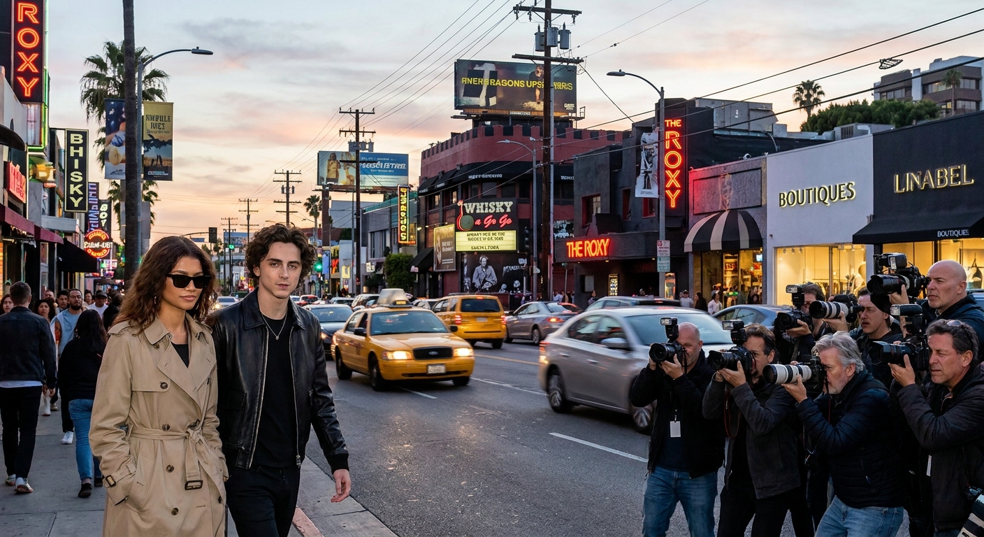 A pair of celebrities walking side by side on Sunset Boulevard as photographers capture them from across the street, with traffic and storefront lights in the background
