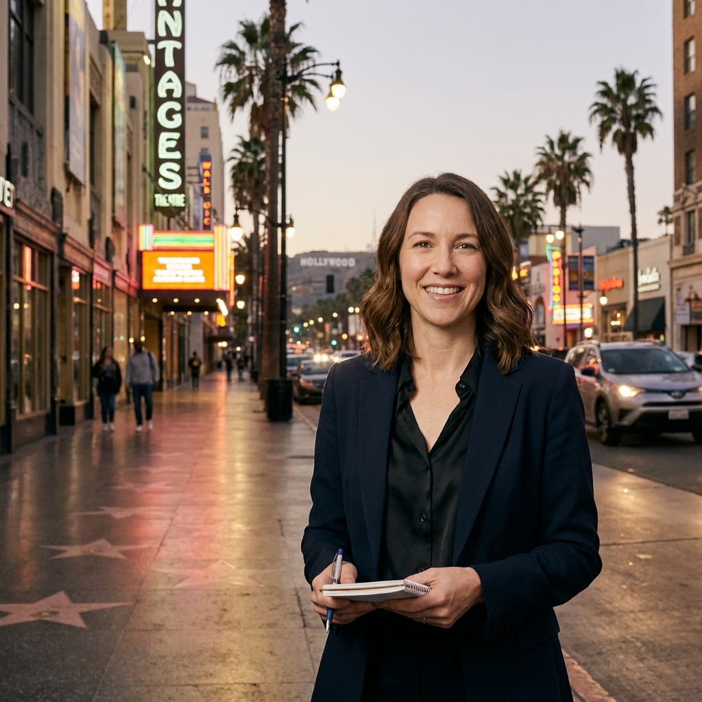 A quiet evening view of Hollywood Boulevard in Los Angeles with city lights glowing