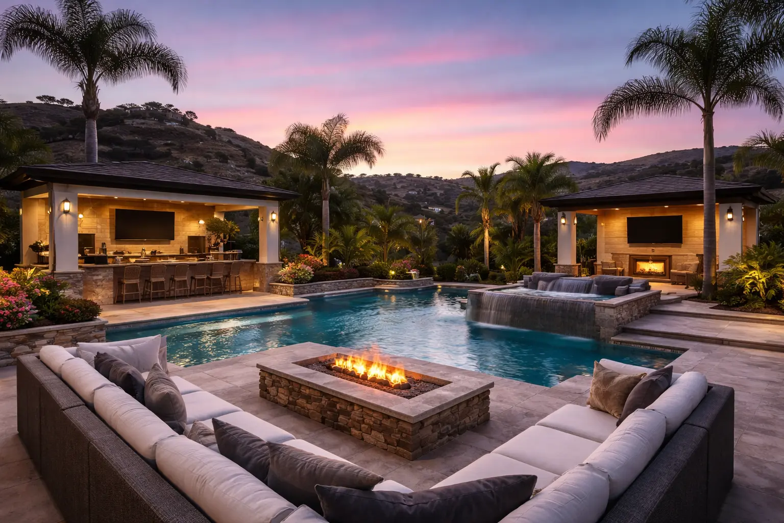 A real photograph of a luxury Calabasas backyard with a swimming pool, outdoor kitchen, and covered patio seating, set against a hillside at sunset