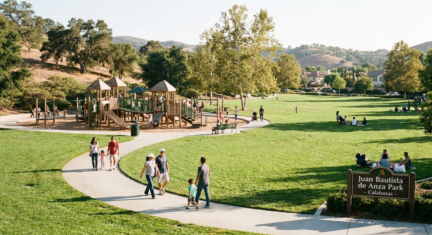A real photograph of a sunny community park in Calabasas with a playground, green lawns, and families walking along a paved path