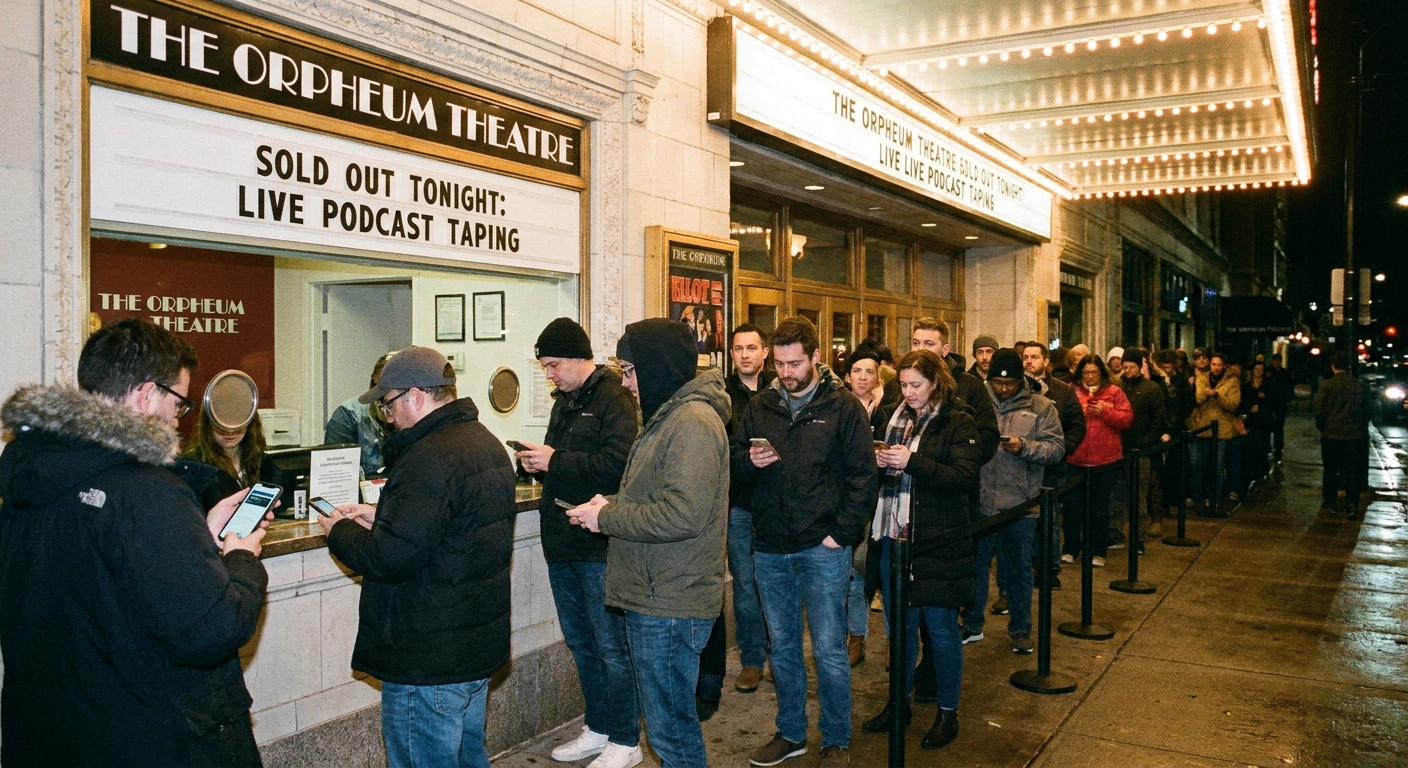 A theater box office window with a line of fans holding phones while waiting to pick up tickets before a live event