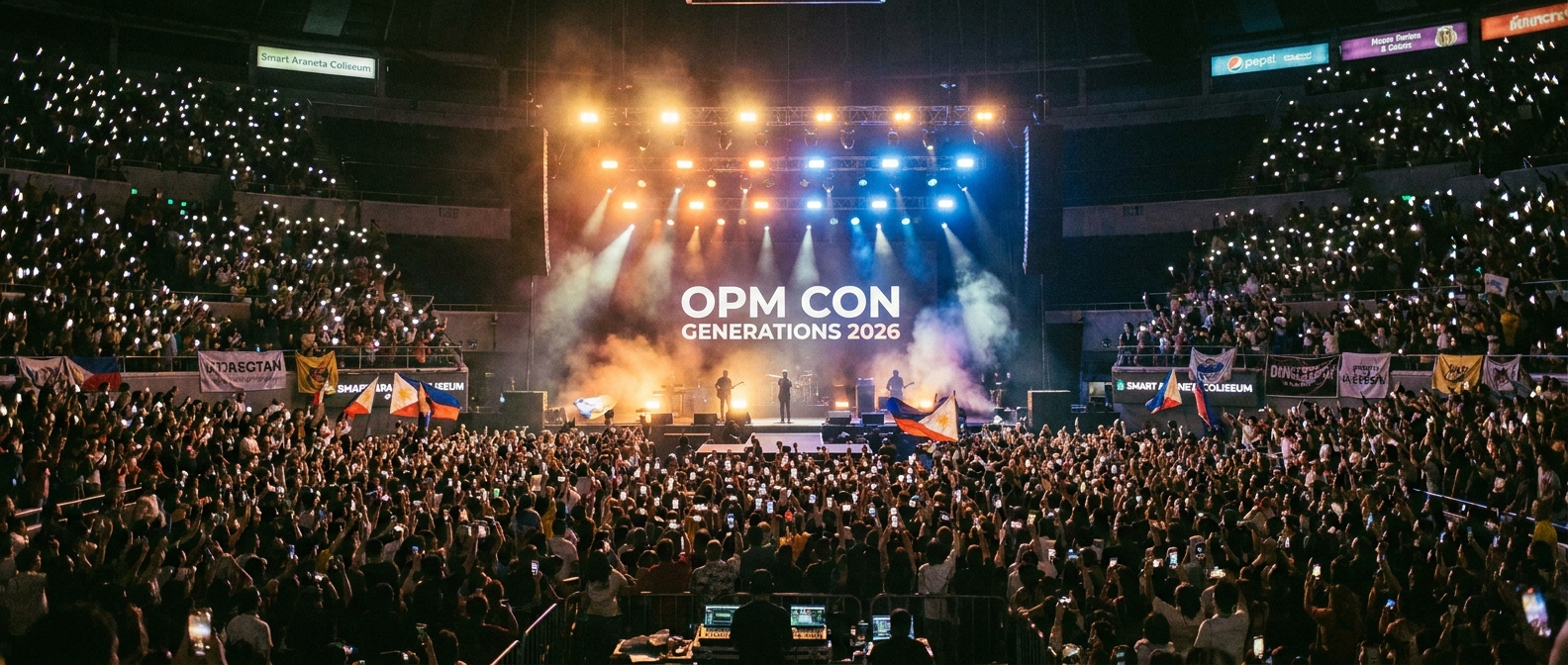 A wide crowd shot inside Smart Araneta Coliseum during OPM Con Generations 2026, with stage lights glowing and fans holding up phones as the concert begins