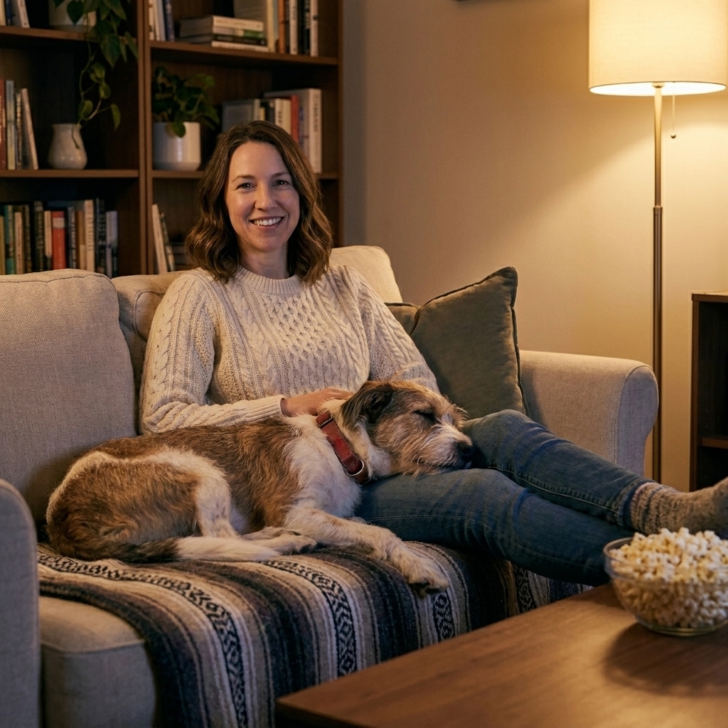 A woman relaxing on a couch while a rescue dog sleeps curled up beside her during a cozy movie night
