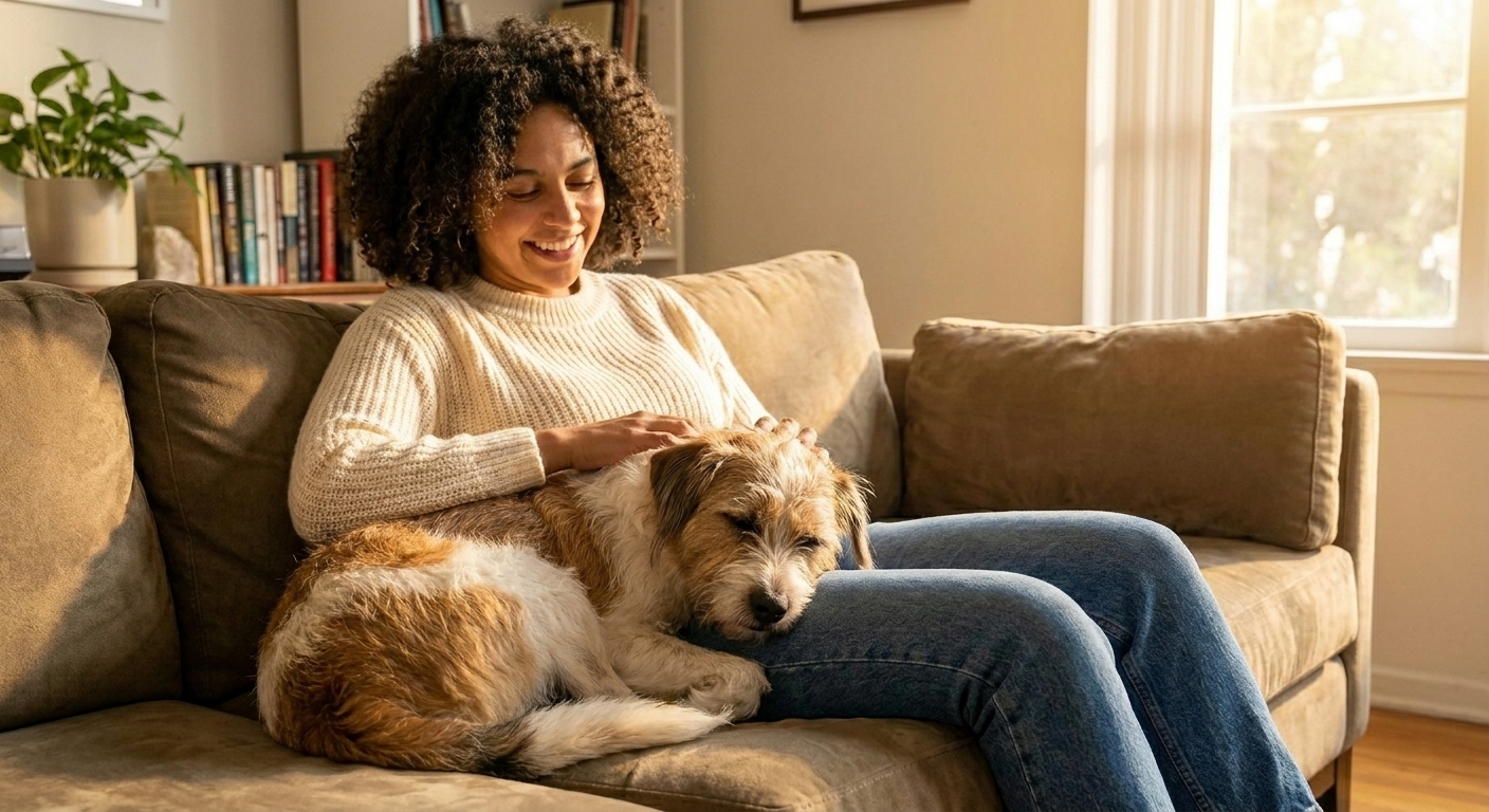 A woman sitting on a couch with her dog curled up beside her