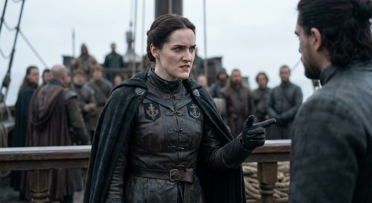 Abigail Thorn as Sharako Lohar in House of the Dragon, wearing naval attire and projecting confidence during a tense exchange.