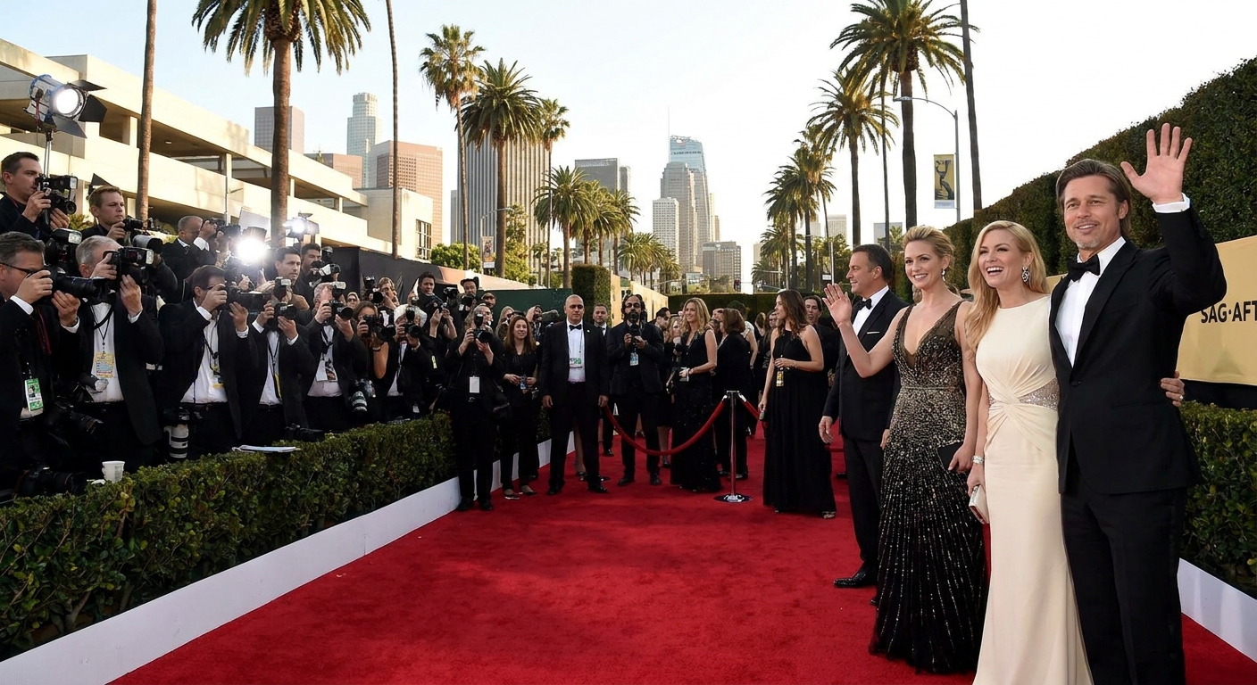 Actors posing for photographers on the SAG Awards red carpet in Los Angeles, wearing formal evening attire