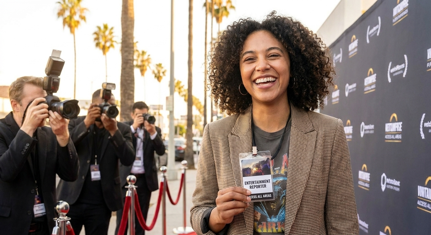 An entertainment reporter standing near a red carpet arrival area, holding a press badge and smiling