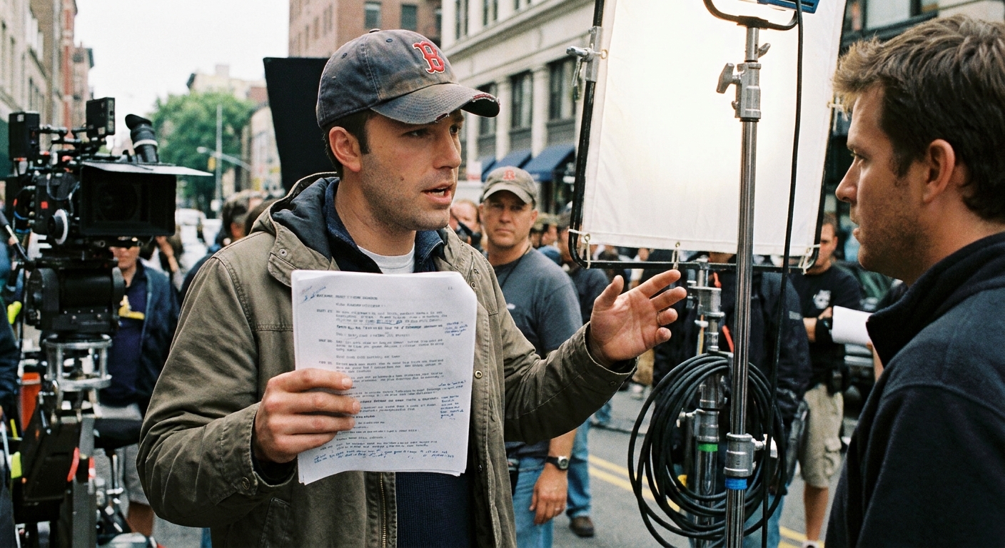 Ben Affleck on a movie set in a baseball cap, holding a script and speaking to a crew member near a lighting stand
