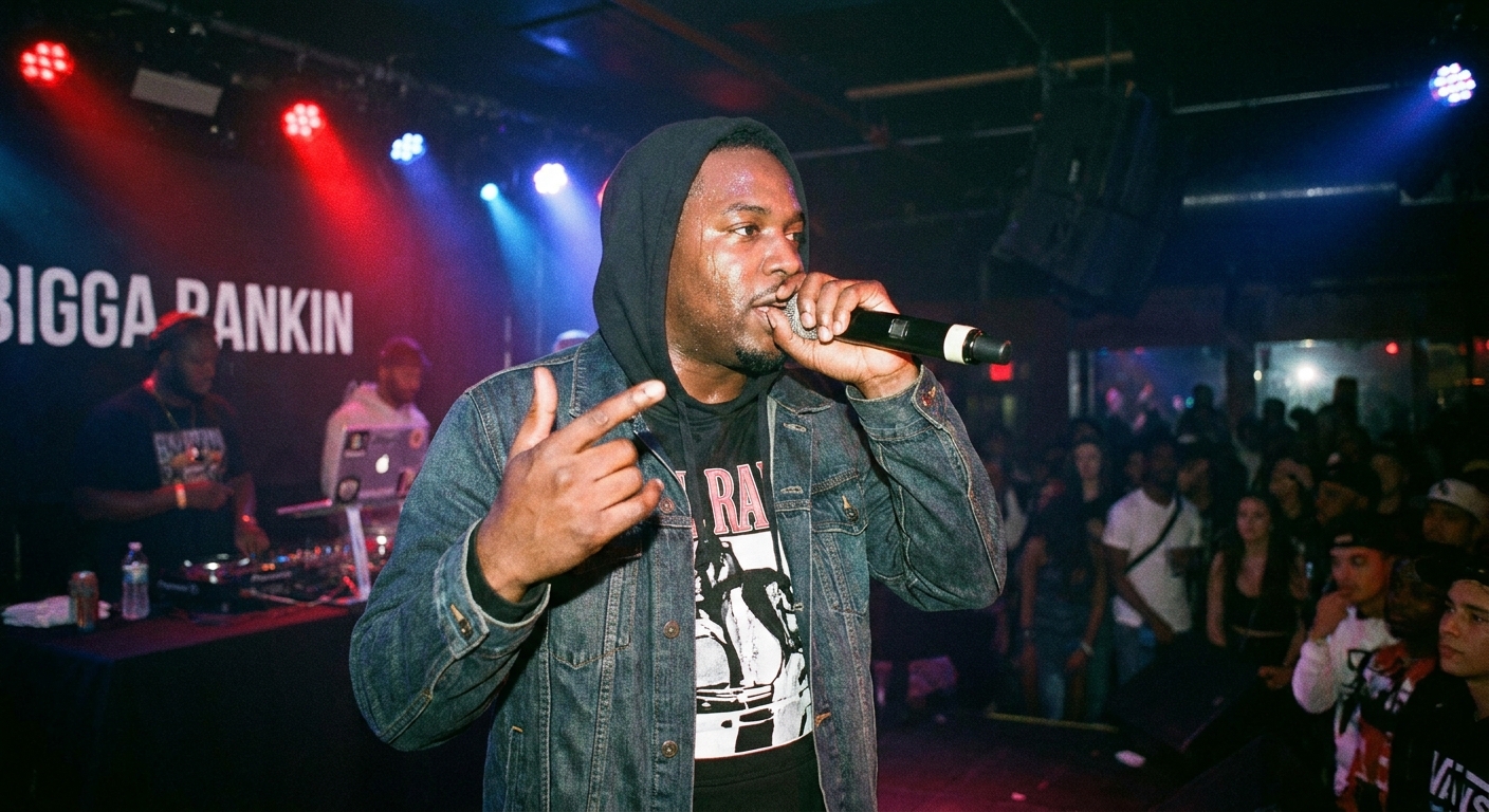 Bigga Rankin holding a microphone onstage at a hip-hop event, wearing casual streetwear, captured in a candid live-performance photograph