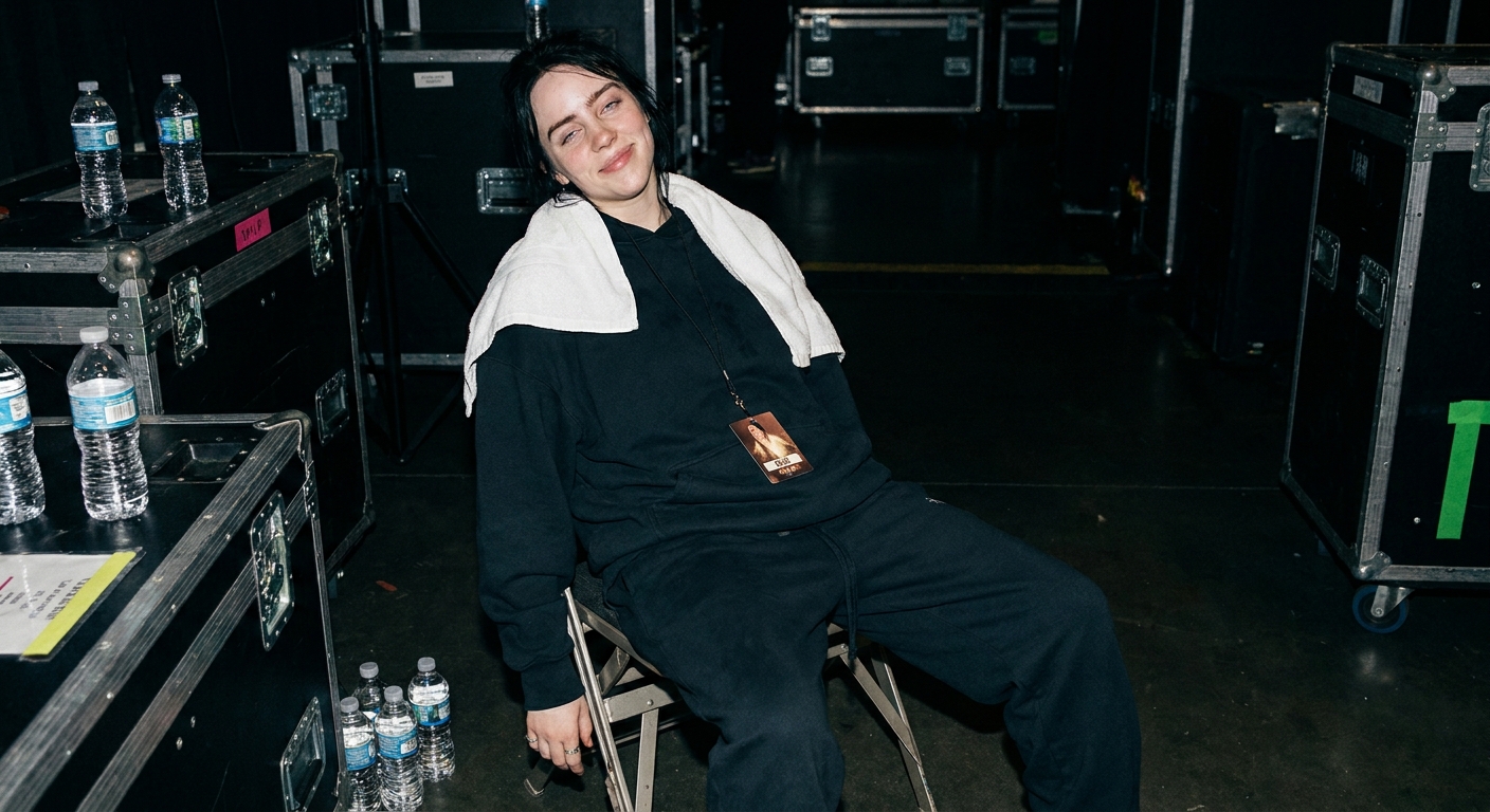 Billie Eilish backstage after a show, sitting on a folding chair with a towel around her shoulders, looking relieved and exhausted