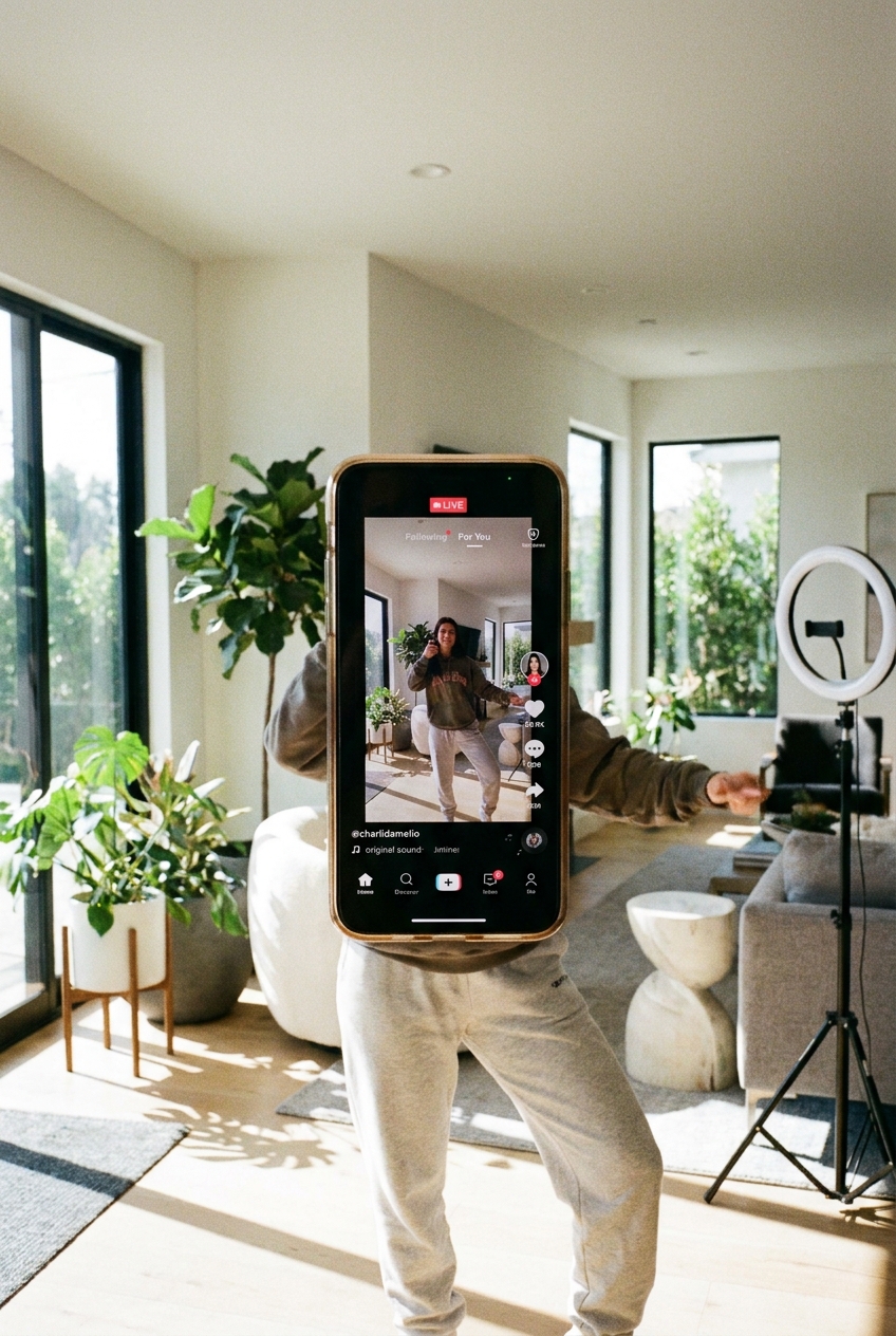 Charli D’Amelio filming a vertical TikTok-style video on a smartphone in a bright indoor setting