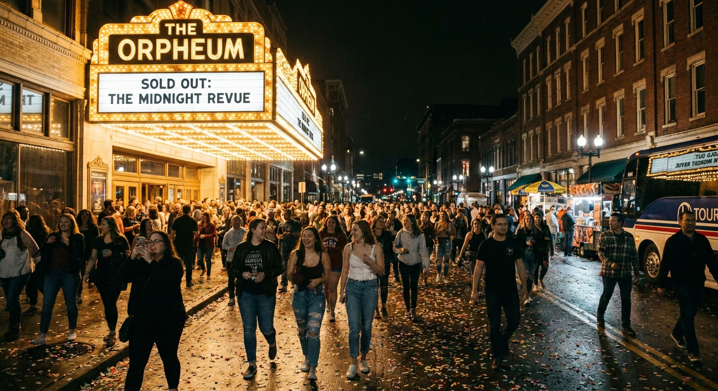 Fans walking out of a theater at night under marquee lights after a live show