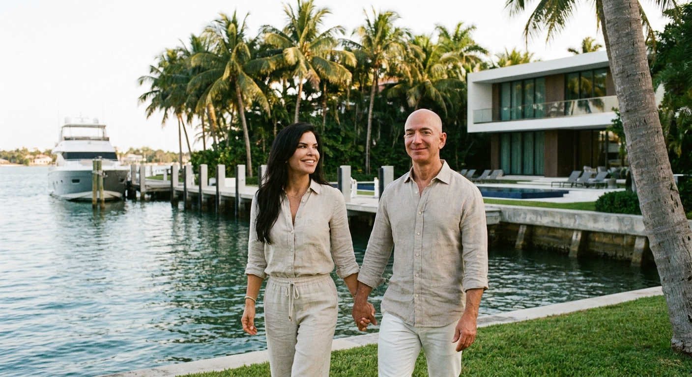 Jeff Bezos and Lauren Sánchez near a waterfront property on Indian Creek with a private dock and palm-lined shoreline
