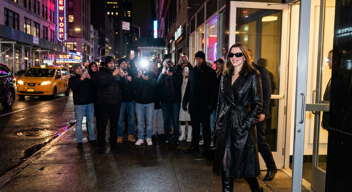 Julia Fox leaving an event in New York City at night, photographed as she walks past onlookers