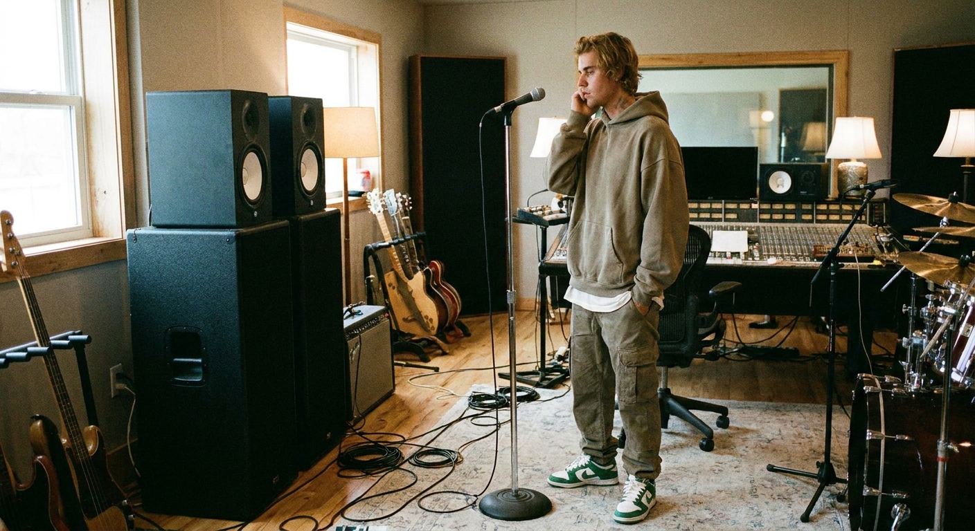 Justin Bieber in a rehearsal space, wearing casual streetwear, standing near a microphone stand while listening to playback