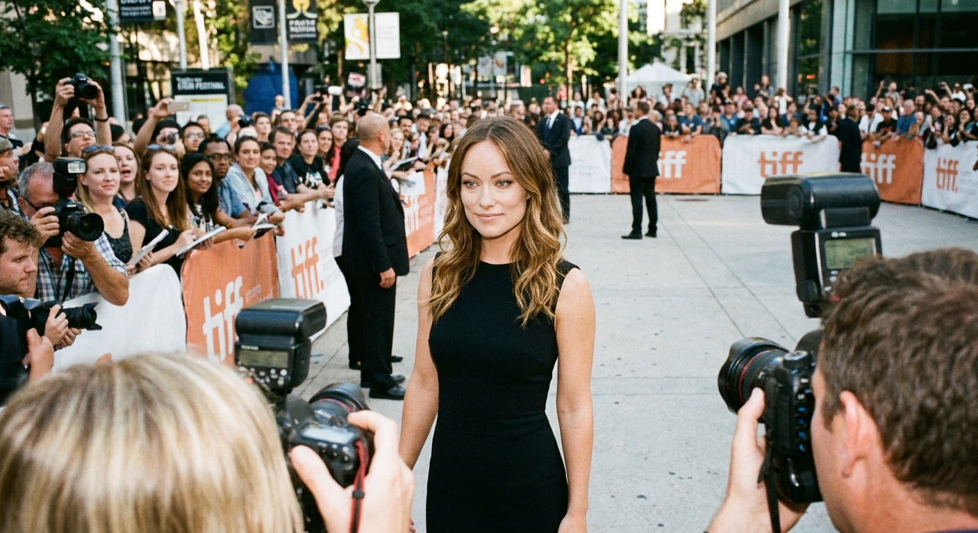 Olivia Wilde photographed at a public event in a minimalist dress, hair down, looking toward the crowd with a composed expression