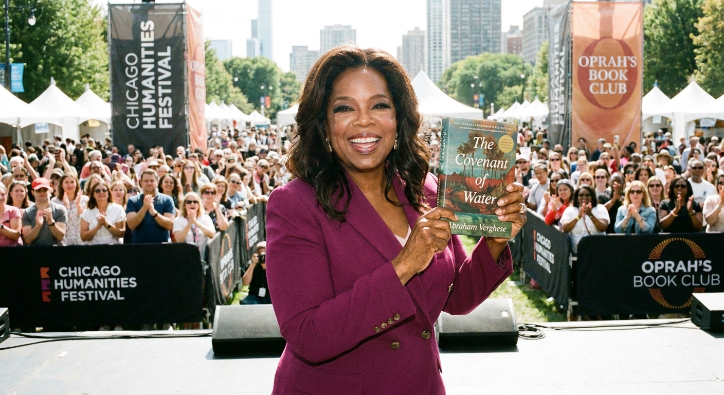 Oprah Winfrey smiling while holding a book during a public appearance.