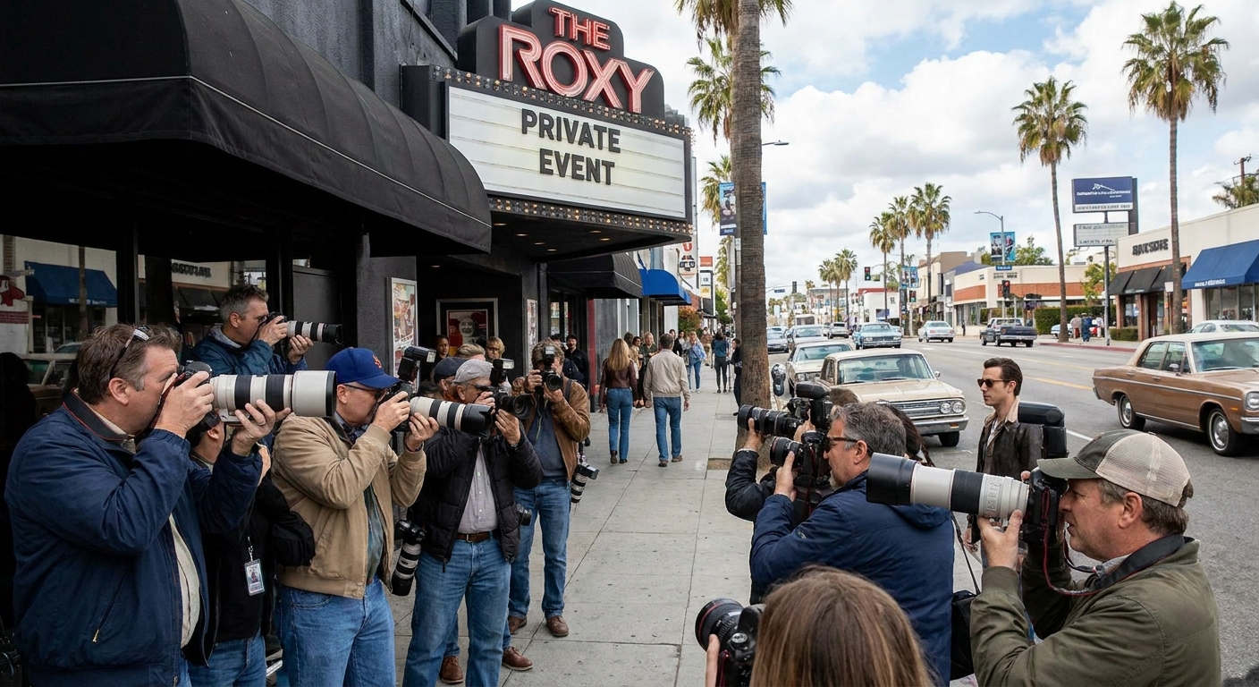 Paparazzi photographers standing along a sidewalk on Sunset Boulevard in Los Angeles, holding large cameras near a venue entrance