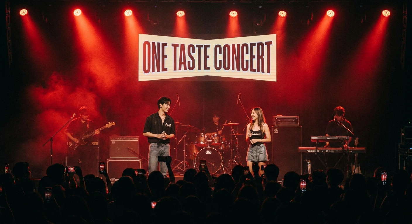 Perth and Santa on stage during the ONE TASTE concert, standing under dramatic red lighting with a live band setup behind them, concert photography moment