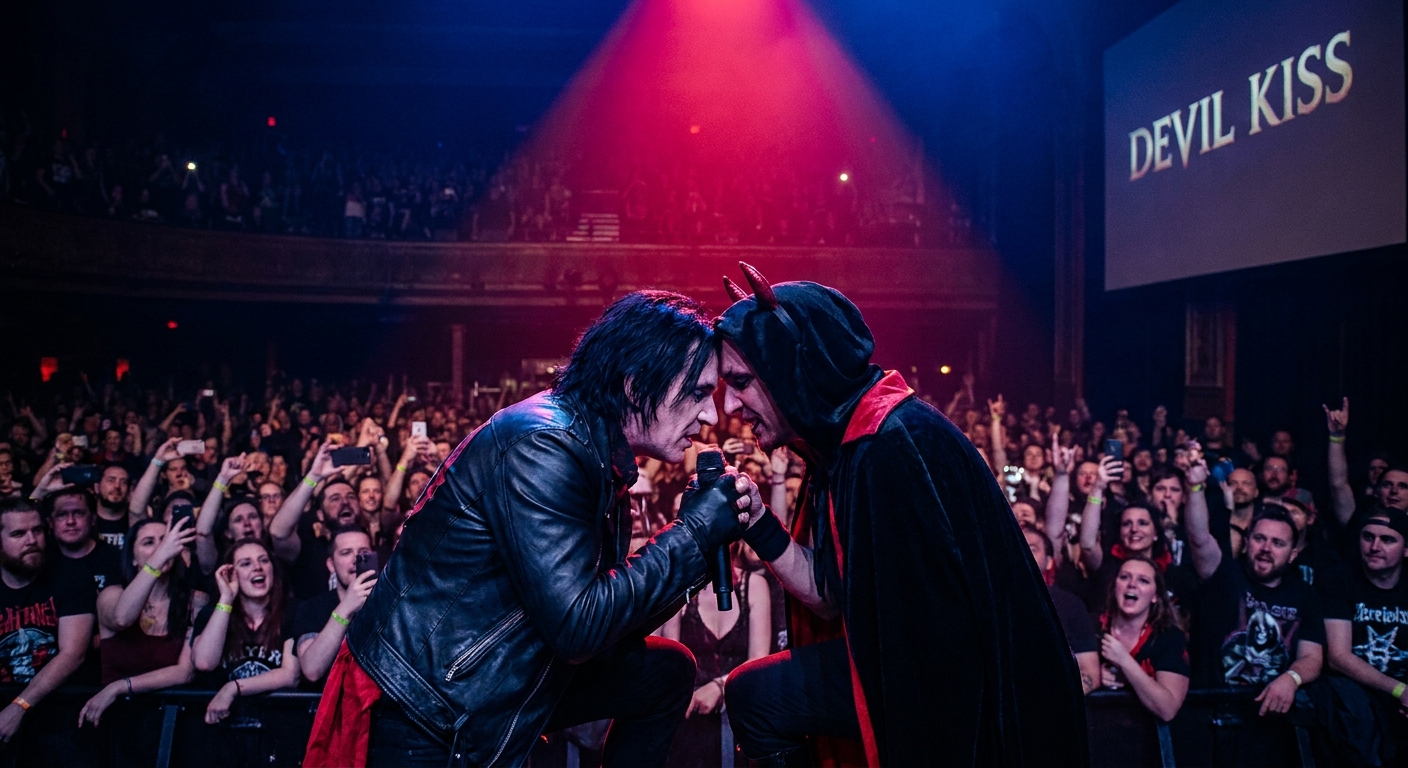 Perth and Santa performing the Devil Kiss segment on stage, posed in dramatic lighting with intense expressions as the crowd watches
