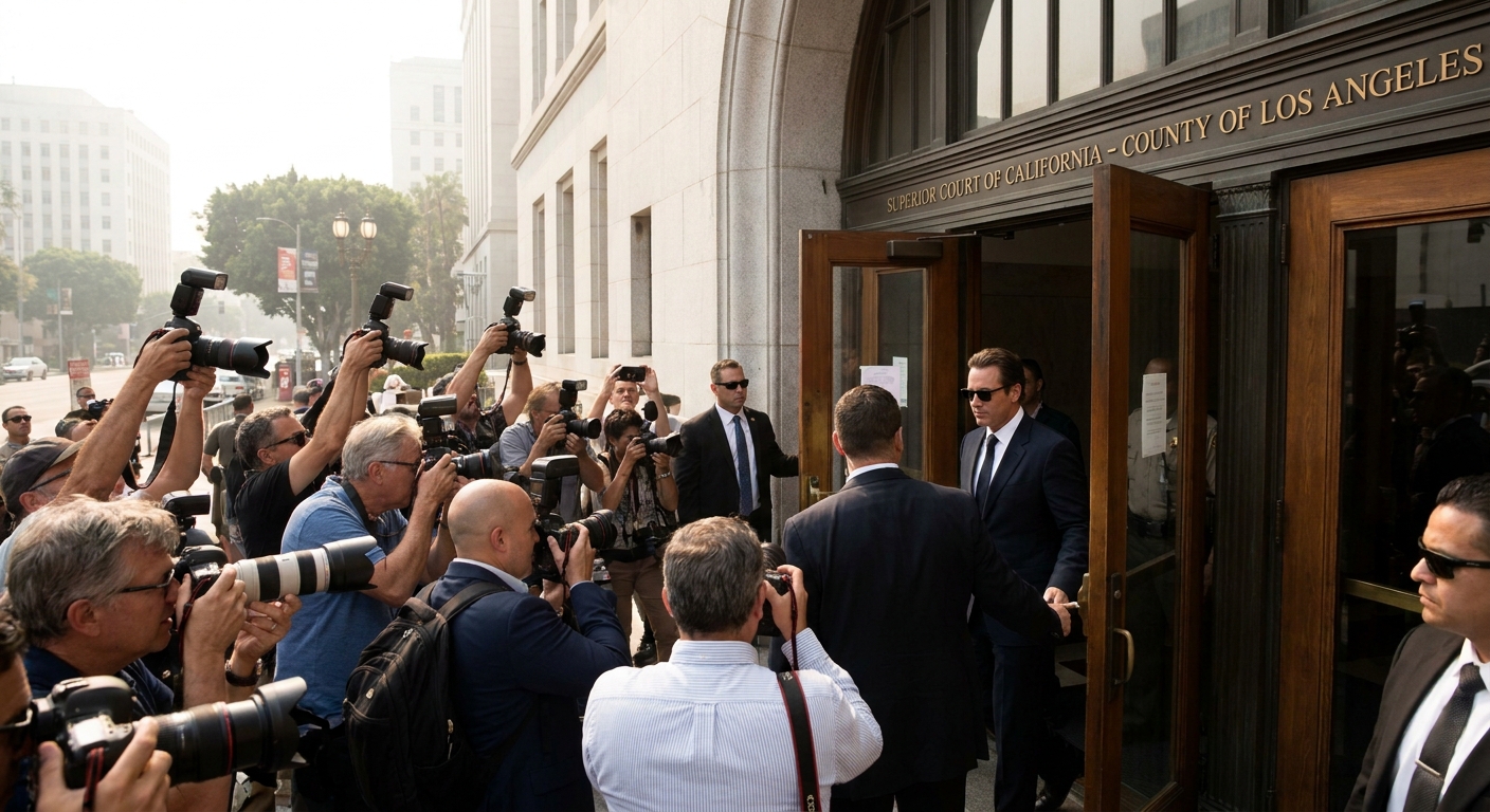 Photographers gathered outside a Los Angeles courthouse entrance with cameras raised as someone exits