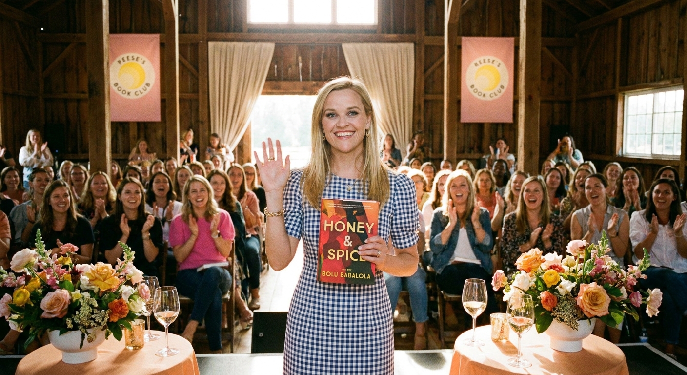 Reese Witherspoon waving while holding a book at a book club event.