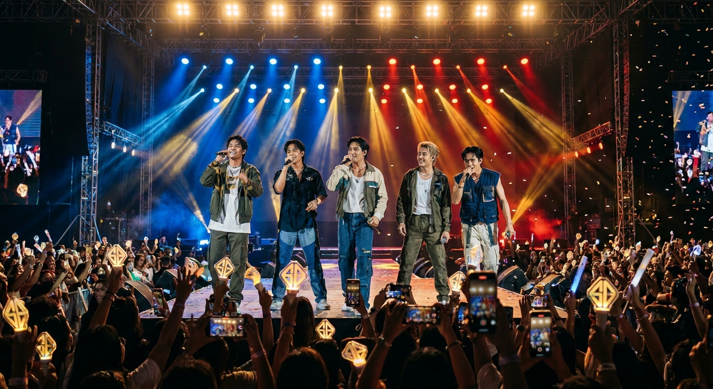 SB19 performing onstage under bright concert lighting, with fans in the foreground raising light sticks and phones