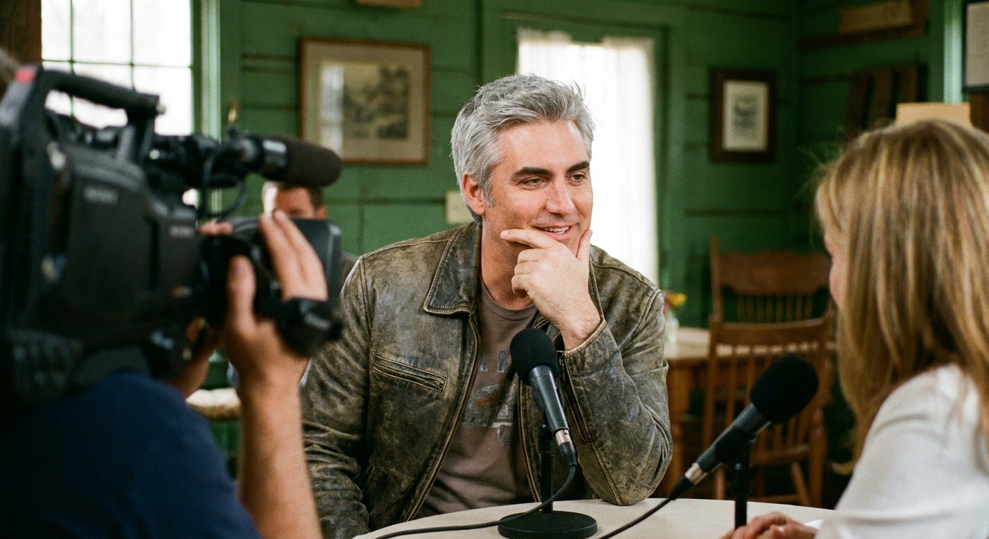 Taylor Hicks during an entertainment sit-down, mid-conversation with a thoughtful expression