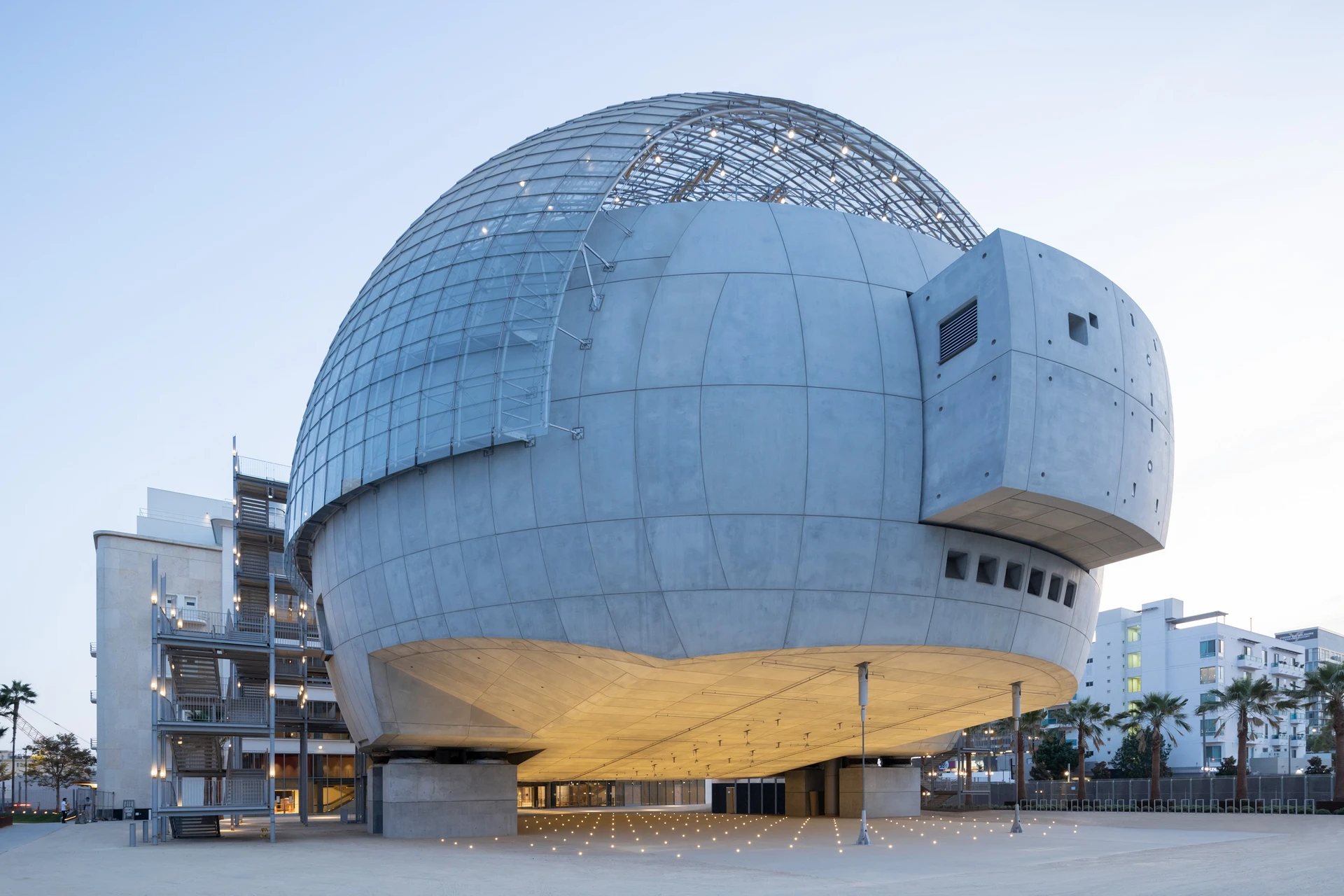 The Academy Museum of Motion Pictures in Los Angeles photographed from the street, with the spherical theater structure visible